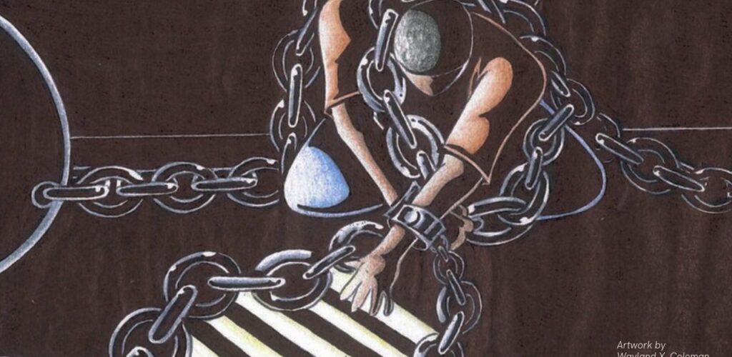 Man in chain touch light from window