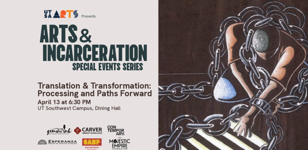 Graphic for Transaltion & Transformation events with art work of prisoner touched window light