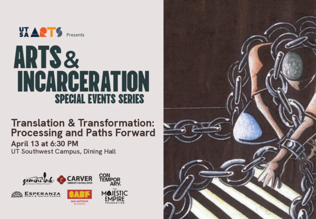 Graphic for Transaltion & Transformation events with art work of prisoner touched window light