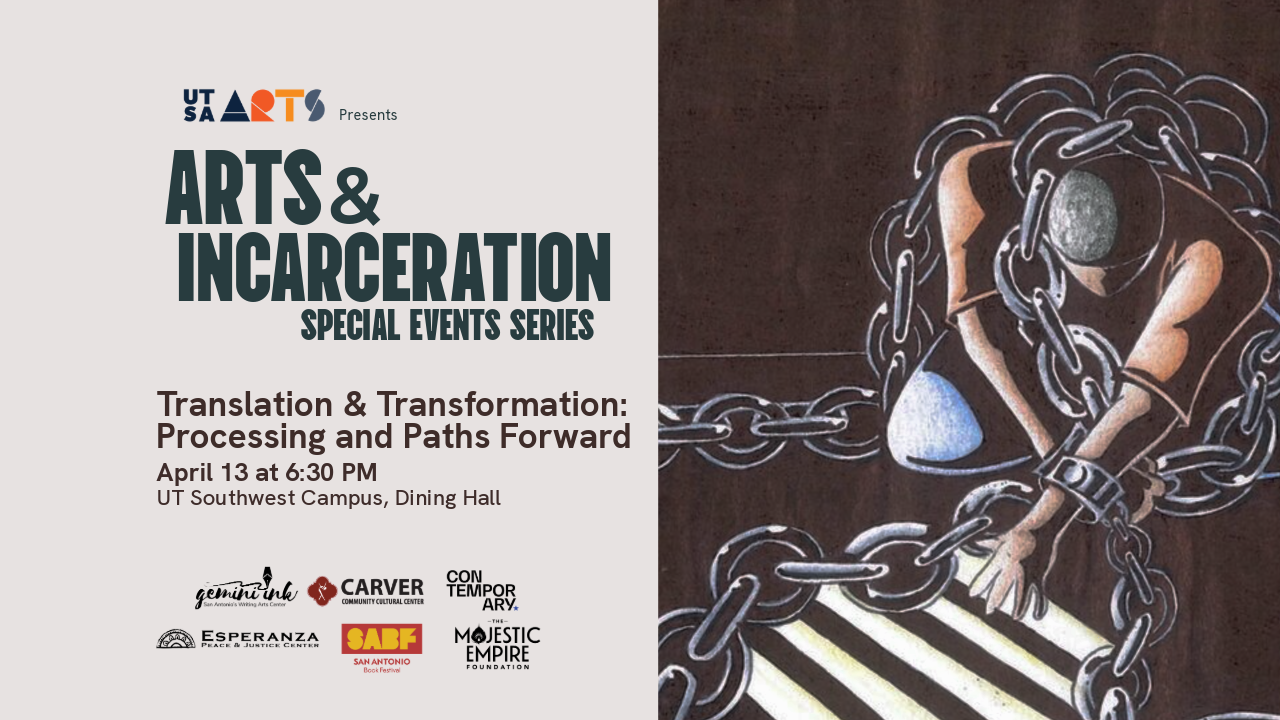 Graphic for Transaltion & Transformation events with art work of prisoner touched window light