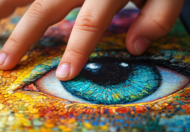 A young child runs fingers across a colorful Braille-adapted surface, exploring texture and art