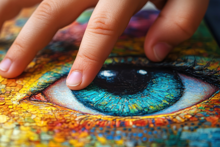 A young child runs fingers across a colorful Braille-adapted surface, exploring texture and art