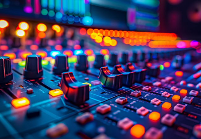 Audio mixing console with colorful lights and screens in a recording studio.