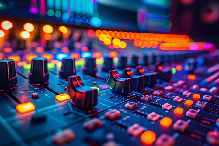 Audio mixing console with colorful lights and screens in a recording studio.